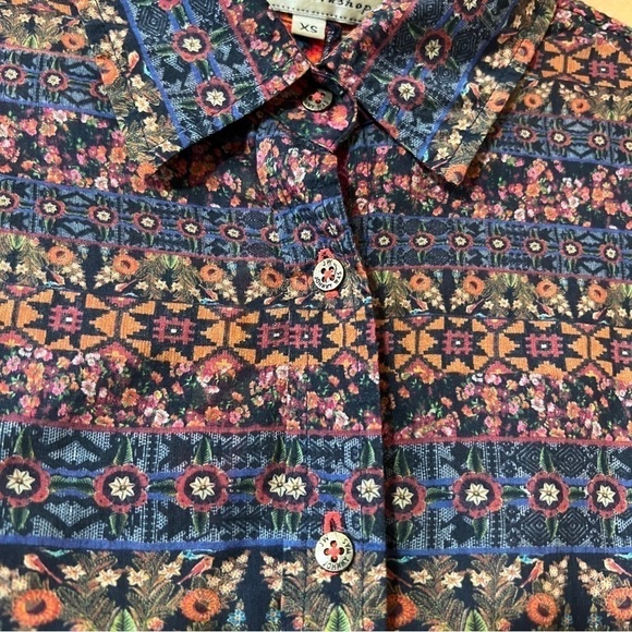 Johnny Was | Floral Button Front Shirt Velvet Back Top Cotton Silk Size XS - Picture 5 of 13